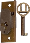 Einlassschloß alt, antik, Messing roh, mit vernickeltem Schlüssel, Dornmaß 10mm links