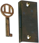 Einlassschloß alt, antik, Messing roh, mit hell vermessingtem Schlüssel, Dornmaß 10mm links