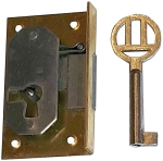 Einlassschloß altes, antikes, Messing roh, mit Schlüssel, Dornmaß 22mm links