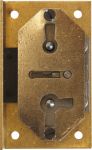 Einlassschloß antik, klein, Messing roh, mit Schlüssel, Dorn 15mm rechts und links verwendbar