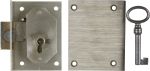 Einlassschloß für Schubladen antiker Kommoden, Eisen blank, mit Schlüssel, Dorn 85mm rechts
