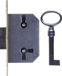 Einsteckschloß altes antikes, mit Messingstulpe, mit Schlüssel, Eisen, Dornmaß 30mm, rechts und links verwendbar