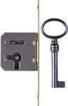 Einsteckschloss mit Messingstulpe, mit Schlüssel, Eisen, Dornmaß 40mm links, für alten Schrank oder antike Kommode