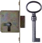 Einsteckschloß mit Messingstulpe, mit Schlüssel, Eisen, Dorn 20mm links, für alten Schrank antike Kommode