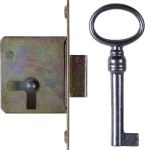 Einsteckschloß mit Messingstulpe, mit Schlüssel, Eisen, Dornmaß 30mm links, für alten Schrank antike Kommode