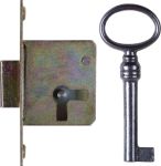 Einsteckschloß mit Messingstulpe, mit Schlüssel, Eisen, Dorn 20mm rechts, für alten Schrank antike Kommode