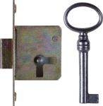 Einsteckschloß mit Messingstulpe, mit Schlüssel, Eisen, Dornmaß 20mm rechts, für alten Schrank antike Kommode