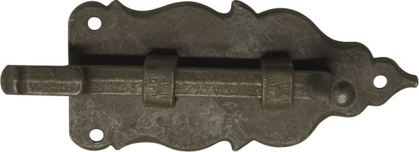 Möbelriegel, gekröpft 12mm, Eisen gerostet und gewachst. Aus Blech gestanzt und geprägt. Schieber gegossen.