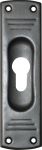 Schiebetürschild antik, Schiebetürgriff alt, Schiebetürmuschel, Griffmulde, PZ-Lochung, Eisen altgrau, matt klar lackiert, 145x40mm
