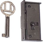 Mini-Kastenschloss mit Stulp, Eisen blank, mit vernickeltem Schlüssel, Dorn 10mm rechts, Stulpe 4,5mm