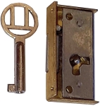 Mini-Kastenschloss, Messing geschliffen, mit vernickeltem Schlüssel, Dorn 10mm rechts, Stulpe 4,5mm