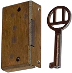 Mini-Kastenschloss, Messing geschliffen, mit vernickeltem Schlüssel, Dorn 10mm rechts, Stulpe 4,5mm
