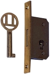 Einsteckschloß, Dorn 10,5mm, rechts, mit vermessingter Stulpe und vernickeltem Schlüssel