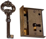 Mini-Kastenschloss, Messing roh, mit vernickeltem Schlüssel, Dorn 21mm rechts