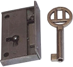 Mini-Kastenschloss, Eisen blank geschliffen, mit vernickeltem Schlüssel, Dorn 14mm links