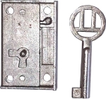 Mini-Kastenschloss, Eisen blank geschliffen, mit vernickeltem Schlüssel, Dorn 14mm links