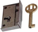 Mini-Kastenschloss, Eisen blank, mit hell vermessingtem Schlüssel, Dorn 14mm links
