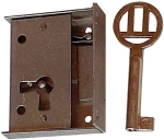 Mini-Kastenschloss mit Stulp, Eisen blank, mit vernickeltem Schlüssel, Dorn 21mm links