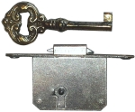 Einsteckschloß, Rolladenschloss mit vernickeltem Schlüssel und vernickelter Stulpe, Dorn 20mm, rechts