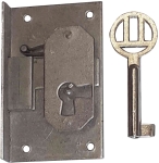 Einlaßschloß, Eisen blank mit vernickeltem Schlüssel, Dorn 25mm rechts, antik, alt