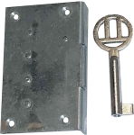 Einlassschloß, Eisen blank mit vernickeltem Schlüssel, Dorn 25mm rechts, antik, alt