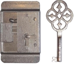 Mini-Kastenschloss, Eisen blank, mit Schlüssel, Dorn 27mm rechts