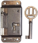 Mini-Kastenschloss, Eisen blank, mit Schlüssel, Dorn 18mm rechts