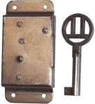 Mini-Kastenschloss, Eisen blank, mit Schlüssel, Dorn 18mm rechts