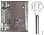 Mini-Kastenschloss, Eisen blank, mit Schlüssel, Dorn 21mm rechts