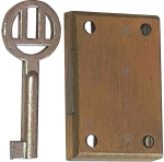 Mini-Kastenschloss ohne Stulp, Eisen blank, mit vernickeltem Schlüssel, Dorn 14mm rechts