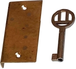 Einlassschloß altes, antikes, Messing roh, mit vernickeltem Schlüssel, Dornmaß 15mm links