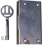 Einlassschloß, Eisen blank mit vernickeltem Schlüssel, Dorn 21mm links, antik, alt