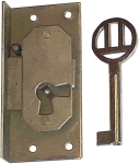 Einlassschloß, Eisen blank mit vernickeltem Schlüssel, Dorn 17mm rechts, antik, alt