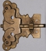 Vitrinenschloss ohne Stulpe, Eisen altvermessingt mit Schlüssel, Dorn 50mm, rechts und links verwendbar, mit Schlüssel.