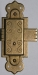Vitrinenschloss ohne Stulpe, Eisen altvermessingt mit Schlüssel, Dorn 20mm, rechts und links verwendbar, mit Schlüssel.
