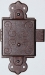 Vitrinenschloss ohne Stulpe, Eisen gerostet mit Schlüssel, Dorn 25mm, rechts und links verwendbar, mit Schlüssel.
