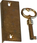 Einlassschloß altes, antikes, Messing roh, mit hell vermessingtem Schlüssel, Dornmaß 10mm links