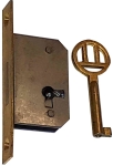 Einsteckschloß, Dorn 15mm, rechts, vermessingte Stulpe, mit hellvermessingtem Schlüssel
