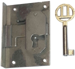 Einlassschloß, Eisen blank mit vernickeltem Schlüssel, Dorn 32mm rechts, antik, alt