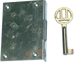 Einlassschloß, Eisen blank mit vernickeltem Schlüssel, Dorn 32mm rechts, antik, alt