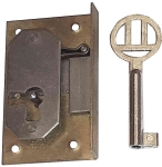 Einlassschloß altes, antikes, Messing roh, mit vernickeltem Schlüssel, Dornmaß 22mm links