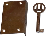Einlassschloß altes, antikes, Messing roh, mit vernickeltem Schlüssel, Dornmaß 21mm rechts