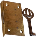 Einlassschloß altes, antikes, Messing roh, mit vernickeltem Schlüssel, Dornmaß 18mm links