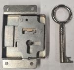 Mini-Kastenschloss, Eisen blank, mit vernickeltem Schlüssel, Dorn 30mm rechts, Einzelstück, nur noch 1 x verfügbar