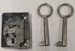 Mini-Kastenschloss ohne Stulp, Eisen blank, mit vernickeltem Schlüssel, Dorn 20mm links, Einzelstück, nur noch 1 x verfügbar