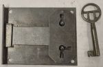 Einlassschloß, Eisen blank mit vernickeltem Schlüssel, Dorn 60mm rechts, links und lad verwendbar, antik, alt